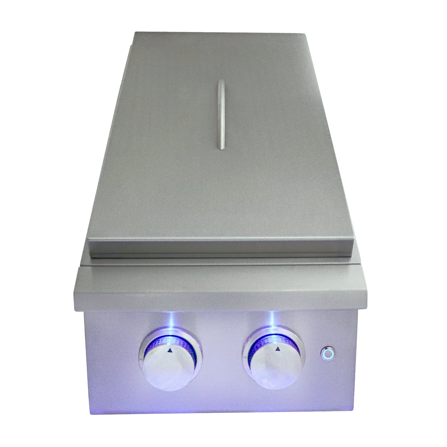 RCS Premier "L" Series Double Side Burner RJCSSBL showing heavy-duty stainless steel construction and blue LED control knobs, ideal for outdoor cooking.