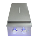 RCS Premier "L" Series Double Side Burner RJCSSBL showing heavy-duty stainless steel construction and blue LED control knobs, ideal for outdoor cooking.