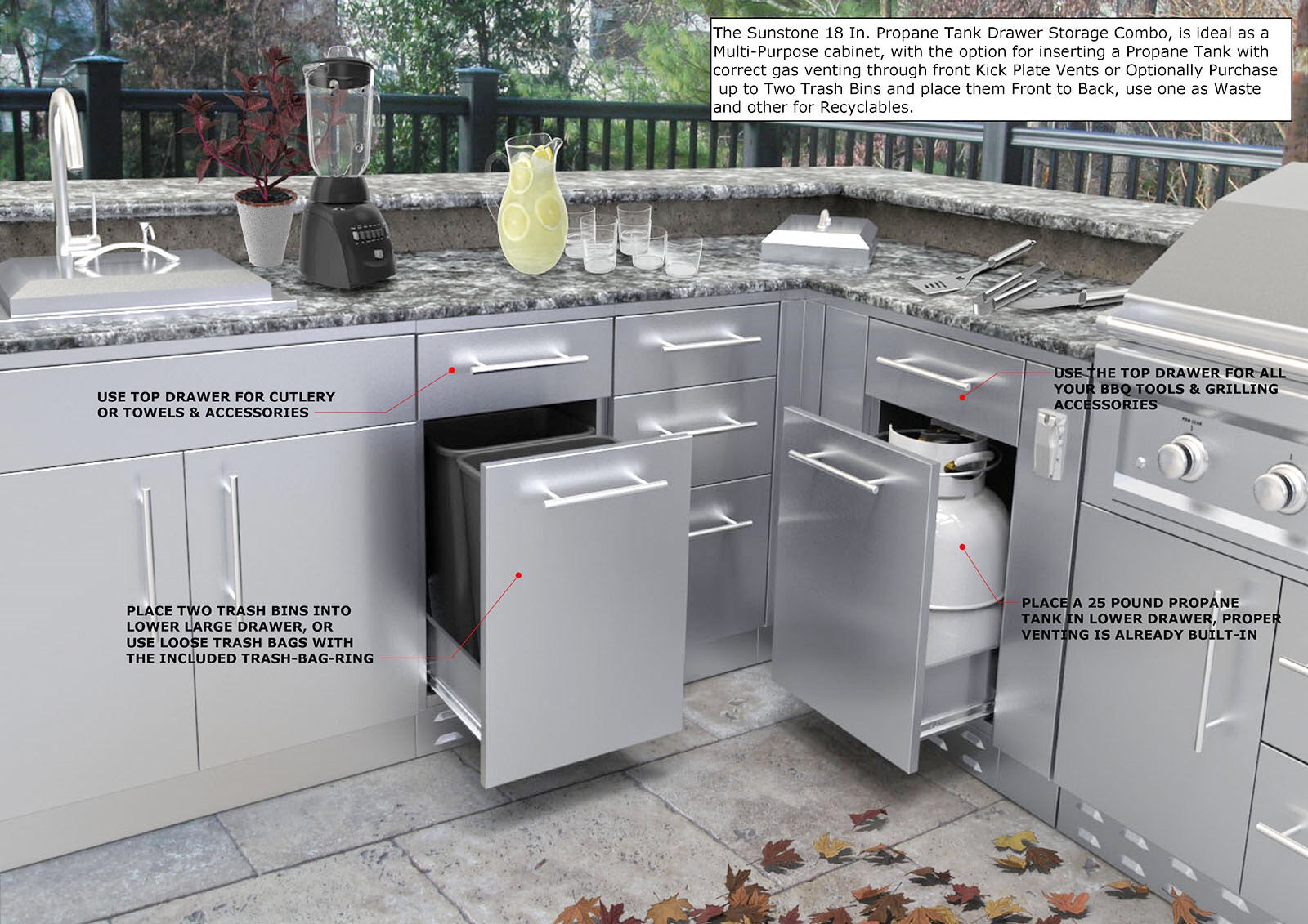 Versatile Sunstone 18" Propane/Trash Drawer Combo Cabinet with integrated propane tank storage, stylish for any outdoor kitchen.
