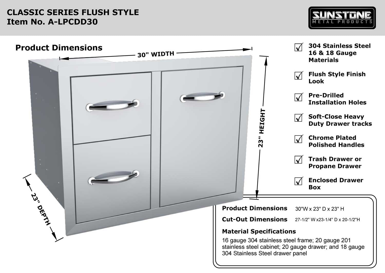 Sunstone Classic Series 30” Tank Tray Double Triple unit in a functional BBQ island setting, ideal for propane storage and tool organization.