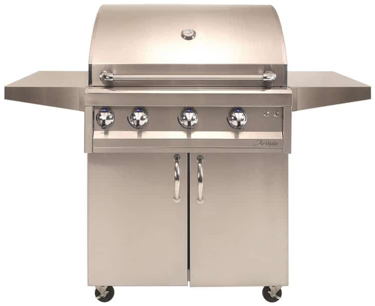 Artisan Professional 32" Cart Grill with Rotisserie Kit showcasing its sleek stainless steel design and robust features for outdoor cooking.