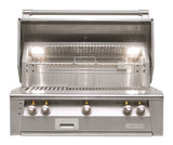 Alfresco 36” Built-in Gas Grill showcasing its sleek design and three stainless steel burners, perfect for luxurious outdoor cooking.
