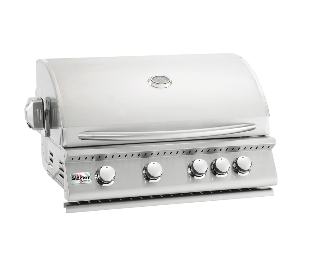 Summerset Sizzler 32” Built-In Gas Grill showcasing its sleek design and four stainless steel burners for efficient outdoor cooking.