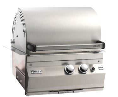 Fire Magic Deluxe Legacy Grill 24” showcasing its heavy-duty stainless steel design and features like 21,000 BTU tube burners and a large cooking surface.