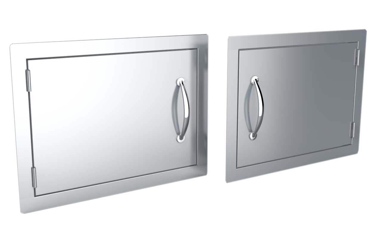 Close-up of Sunstone Classic Series Flush Style 20x14 Single Door showcasing top and bottom magnets with sleek brushed finish.