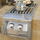 Alfresco Built-In Double Side Burner showcasing a stainless steel design with two burners, perfect for outdoor cooking. This Alfresco built-in side burner features a pot on top, demonstrating its functionality for grilling and side dish preparation.
