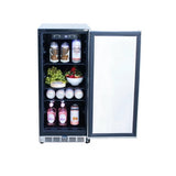 Summerset 15 inch outdoor rated fridge with stainless steel door, designed for outdoor use with premium features including dual-zone storage and superior cooling performance.