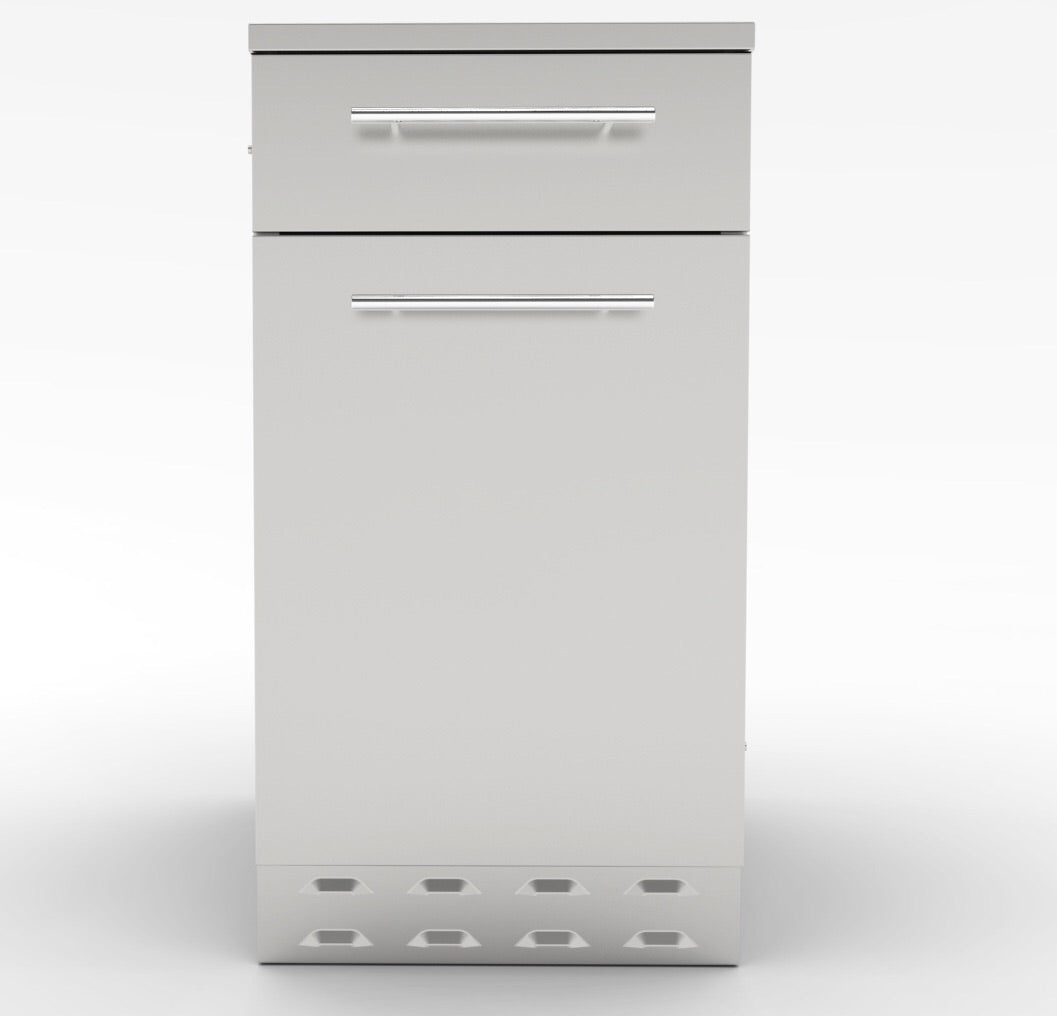 Sunstone 18" Propane/Trash Drawer Combo Cabinet showcasing its sleek design and 304 stainless steel construction.