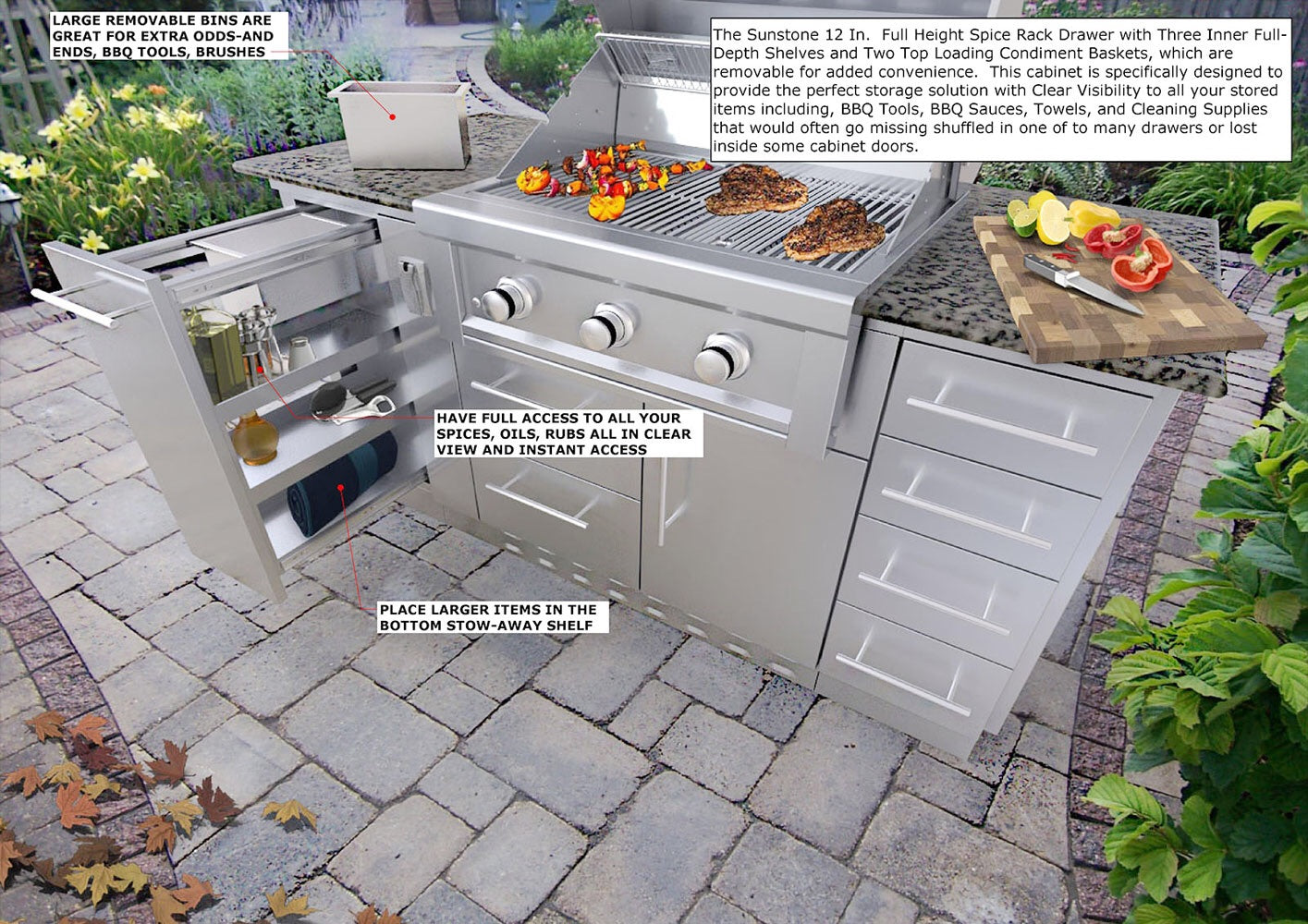 Sunstone 12" Spice Rack Drawer demonstrating clear visibility of stored items and easy installation features.