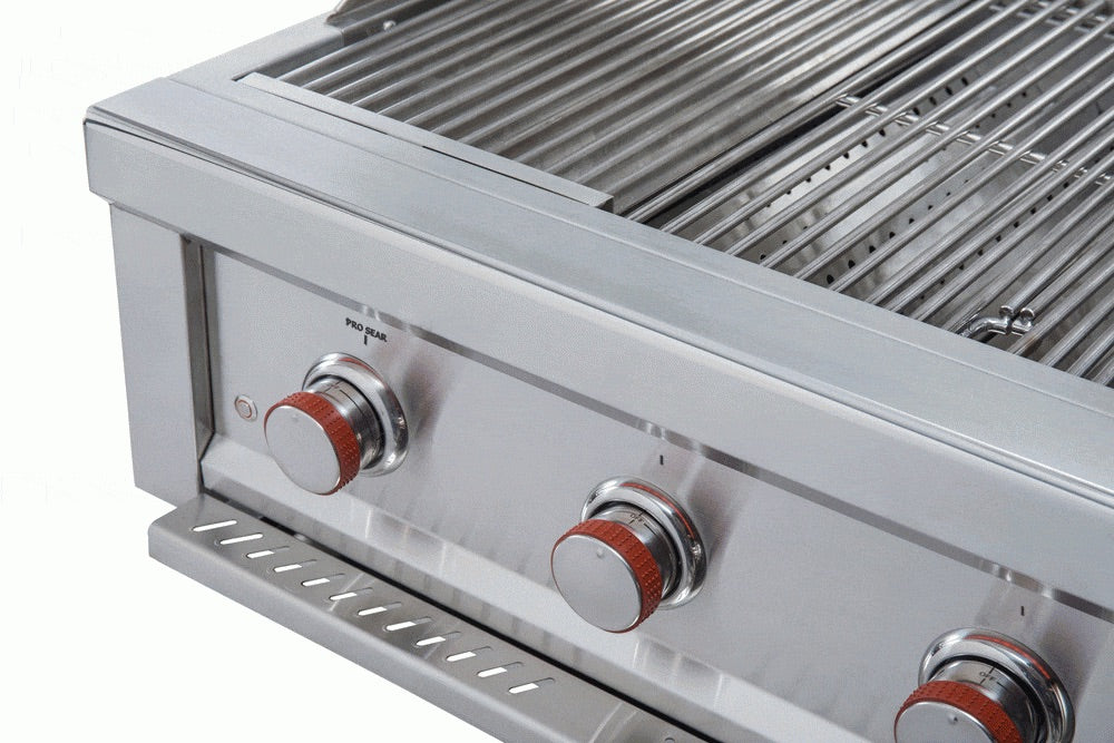 Close-up of the Sunstone Ruby 36" 4 Burner Pro-Sear Grill burners and control panel, highlighting its powerful 60,000 BTU output.