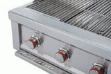 Close-up of the Sunstone Ruby 36" 4 Burner Pro-Sear Grill burners and control panel, highlighting its powerful 60,000 BTU output.