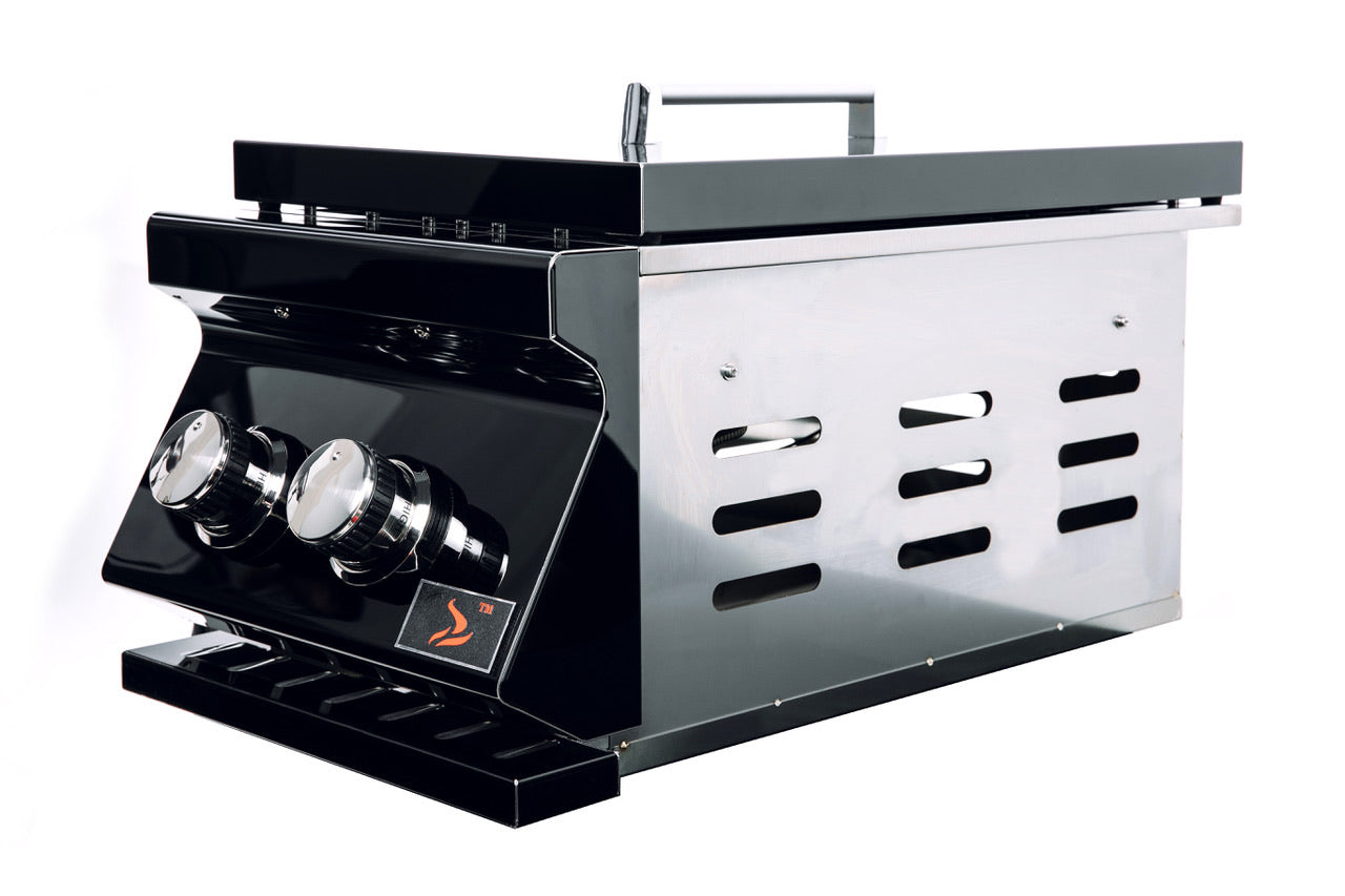 Bonfire Double Side Burner Black Stainless in an outdoor kitchen setup, demonstrating its built-in features and modern style.