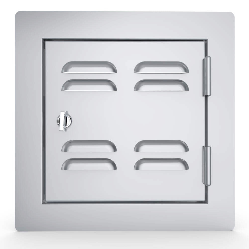 Close-up of Sunstone Classic Style Flush Series 12" Single Door Vented, showcasing the brushed finish and turn-latch feature for secure access.