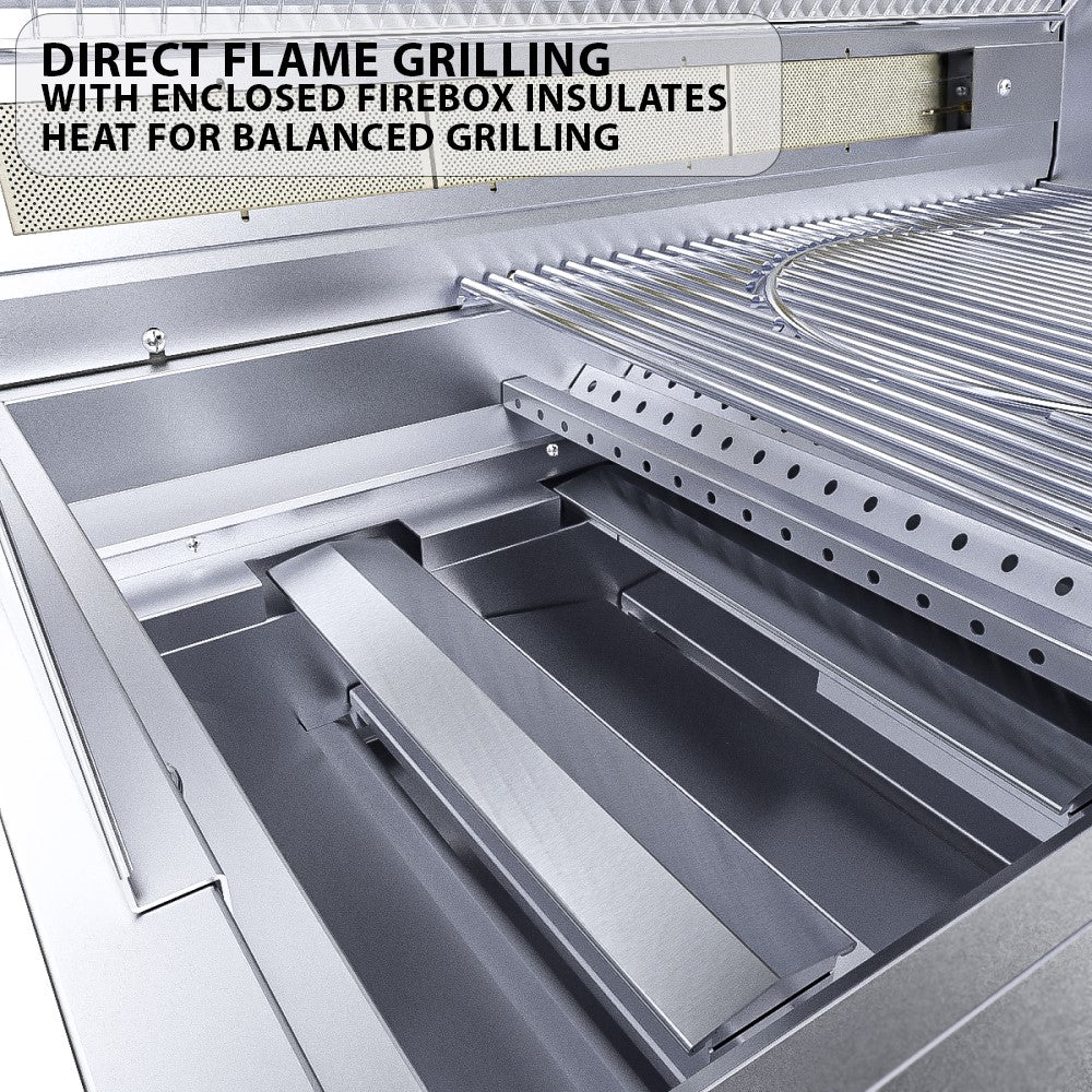 Close-up view of the Sunstone Ruby 42" Built-In Grill controls and LED lighting, showcasing its innovative design.