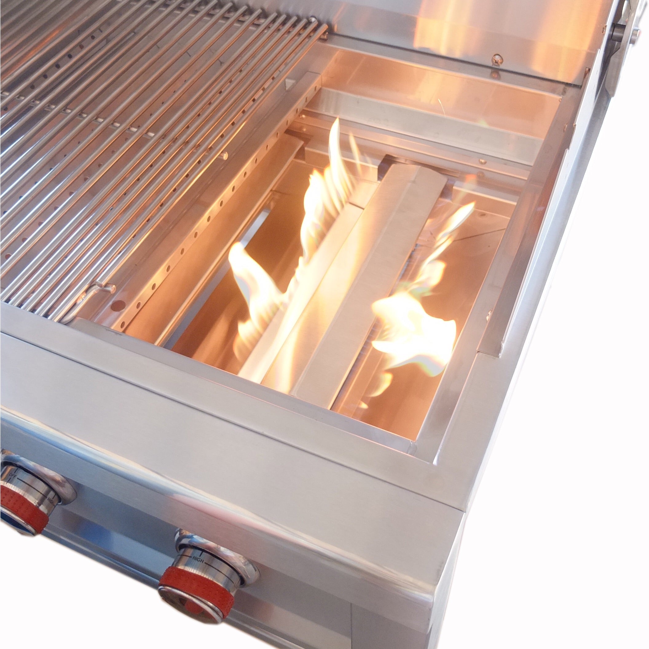 Full view of Sunstone Ruby 36" 4 Burner Pro-Sear Grill with back hood wind guards for stability during outdoor cooking.