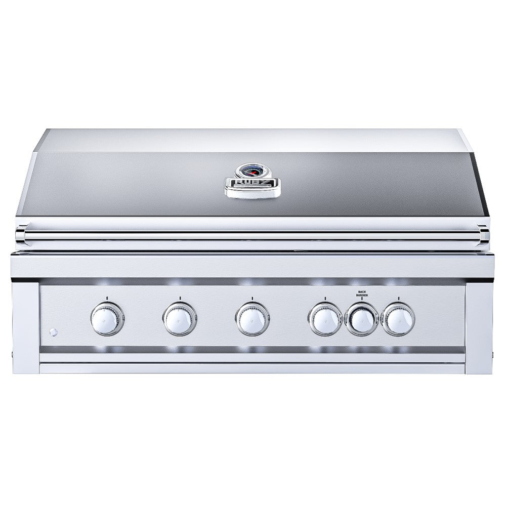 Sunstone Ruby 42" 5 Burner Built-In Grill with Infra-Red Burner and Rotisserie Motor showcasing its sleek 304-grade stainless steel design.