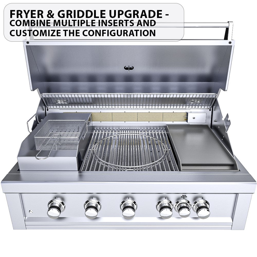 Close-up of Sunstone Ruby 42" 5 Burner Built-In Grill's control panel with LED lighting, designed for easy grilling adjustments.