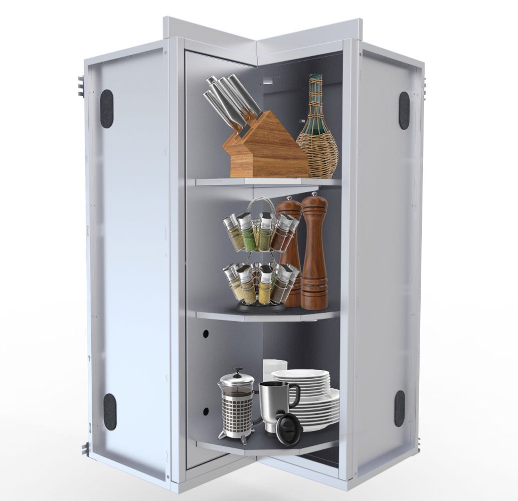 Interior view of the Sunstone 12" x 12" Full Height 360 Swivel Door Corner Cabinet highlighting three spacious shelves for optimal storage.