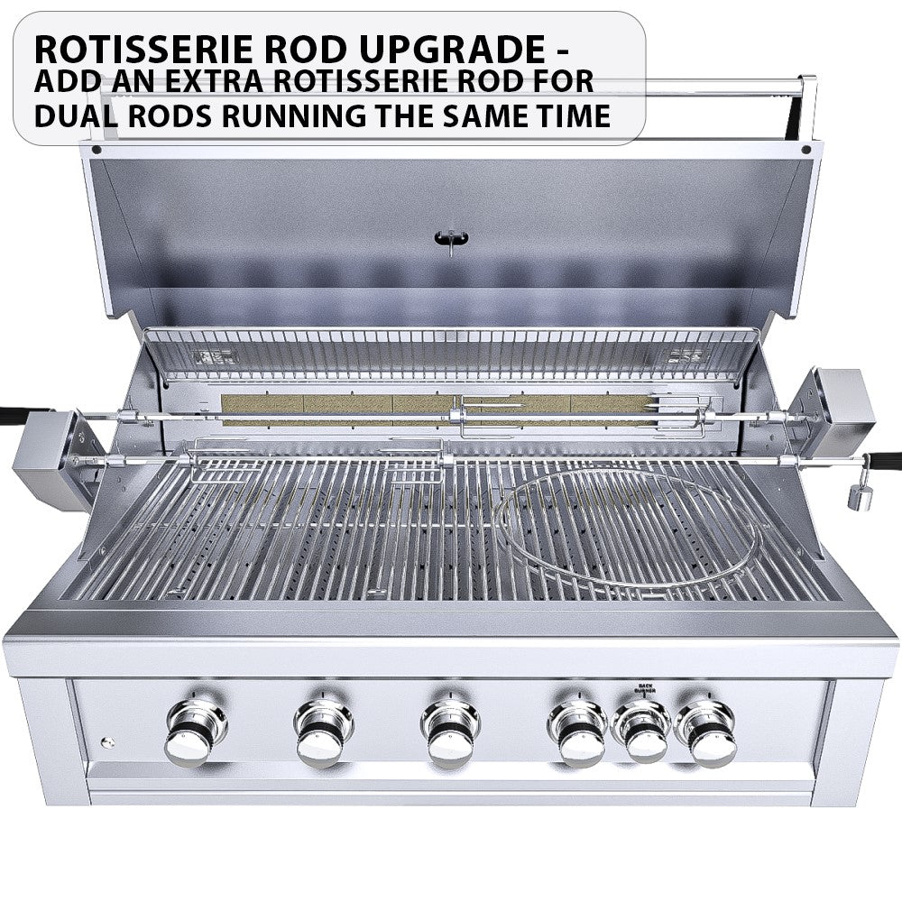 Sunstone Ruby 42" 5 Burner Built-In Grill equipped with rotisserie motor and smoker box, ideal for BBQ enthusiasts.