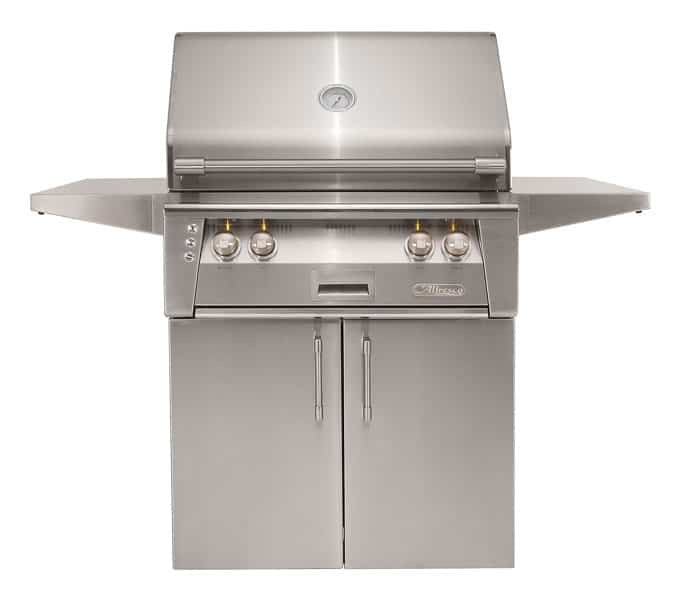 Alfresco 30" Cart Grill with Rotisserie System showcasing its sleek stainless steel design and advanced cooking features.