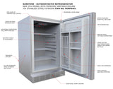 Sunstone Outdoor Rated Refrigerator showcasing sleek stainless steel design and spacious interior with shelving.