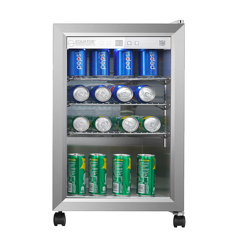 Equator Advanced Appliances OR230 Outdoor Refrigerator showcasing its sleek stainless steel design, electronic temperature control, and three wire shelves, perfect for outdoor bar and patio use.