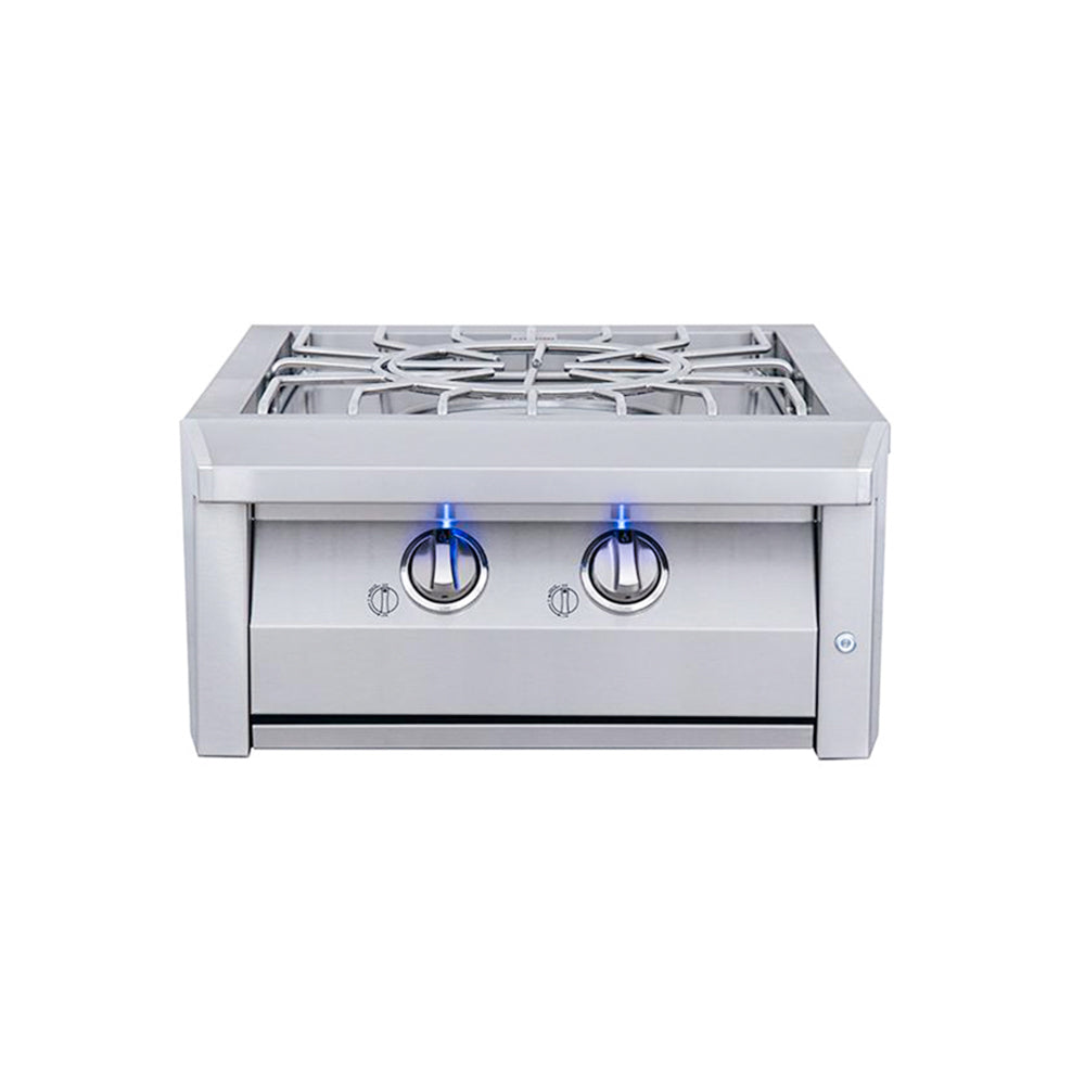 RCS Pro Burner Side Burner ASB3 showcasing its durable 304 stainless steel construction and blue LED control lights.