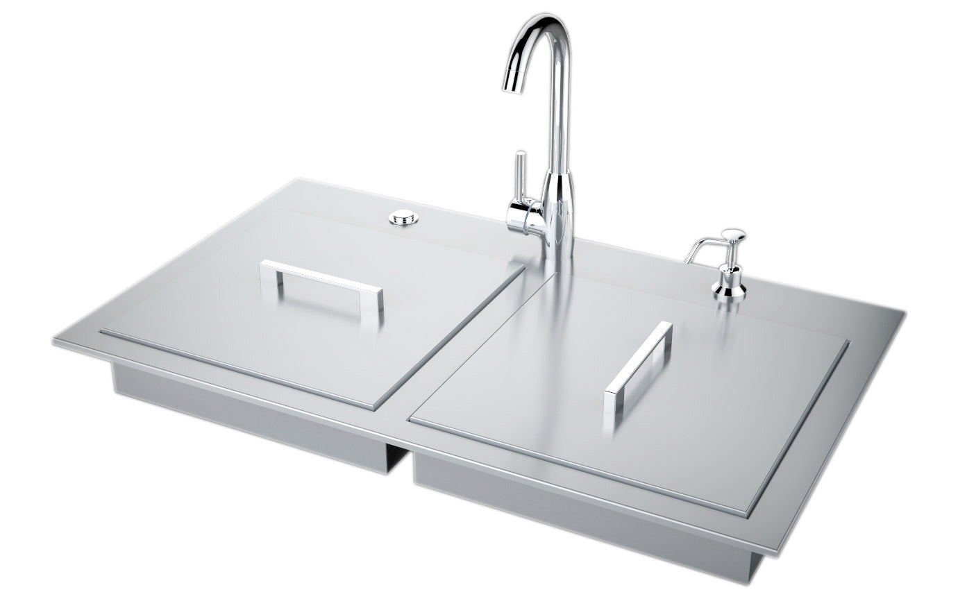 Sunstone ADA Compliant Single Sink displayed in an outdoor kitchen setup, highlighting its modern aesthetic and practical features.