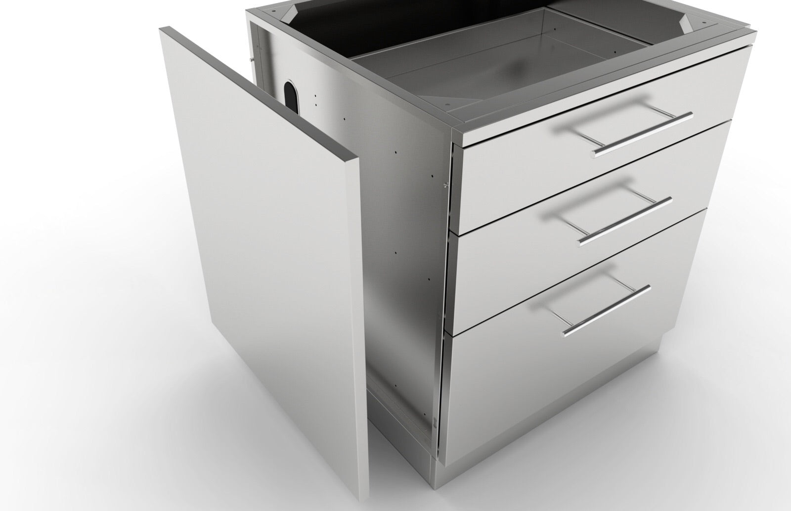 Sunstone Stainless Steel Universal Base End Panel showcasing a brushed finish and framed construction, ideal for adding elegance to cabinet islands.