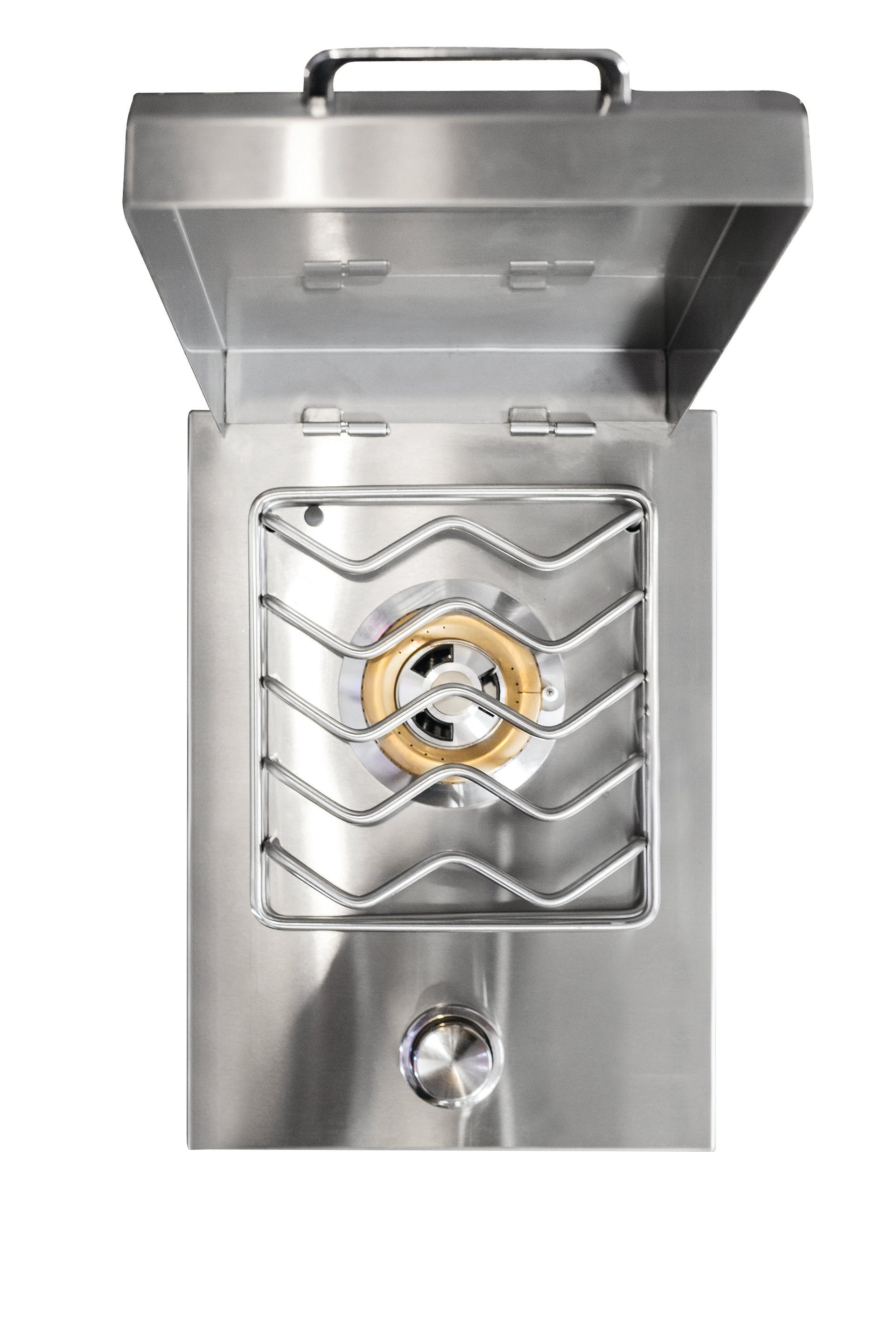 Close-up of Summerset Single Side Burner with a brass ring burner and large stainless steel grate, ideal for outdoor cooking.