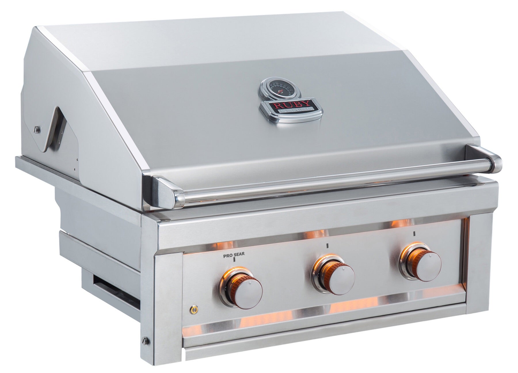 Sunstone Ruby 30" 3-Burner Pro-Sear Grill with stainless steel finish, showcasing its powerful cooking features by Sunstone.
