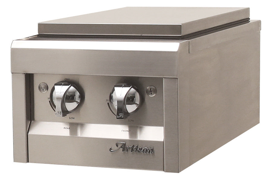 Artisan Built-In Double Side Burner ARTP-SB2 featuring durable stainless steel construction and two powerful 15,000 BTU brass burners for outdoor kitchens.