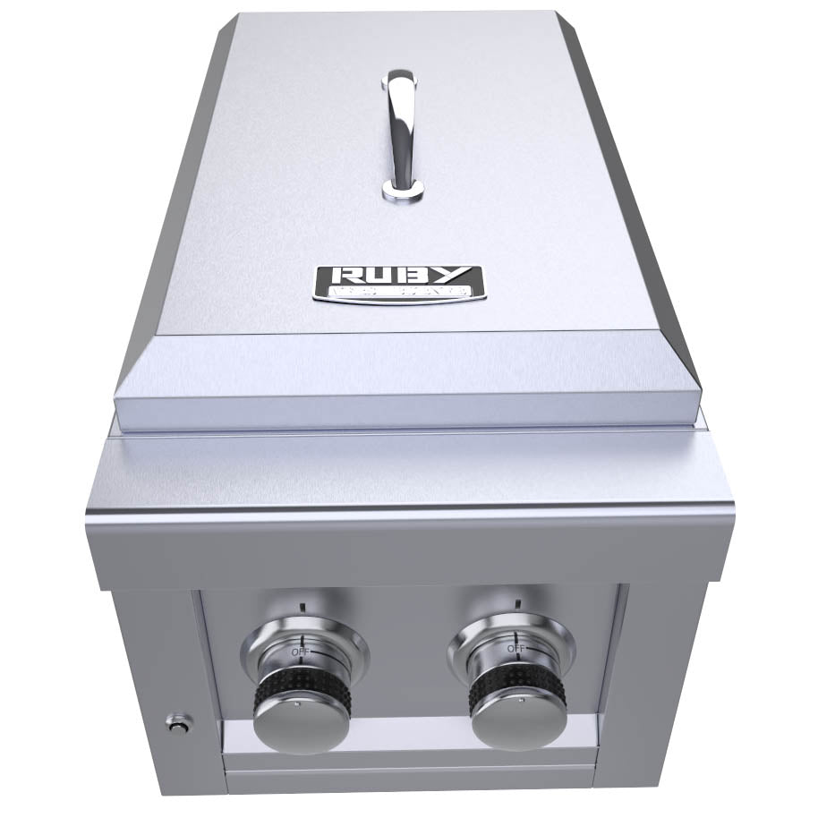 Sunstone Ruby Series 13" Slide-in Versa Double Burner showcasing the sleek design and durable stainless steel construction.