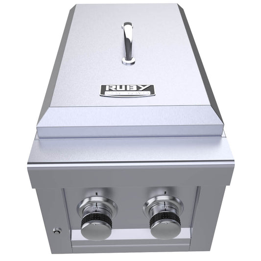 Sunstone Ruby Series 13" Slide-in Versa Double Burner showcasing the sleek design and durable stainless steel construction.