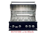 Highlighted features of the Bonfire Black Elite Whistler 4 Burner Grill 32" including LED control panel, halogen lights, and rotisserie kit for versatile grilling.