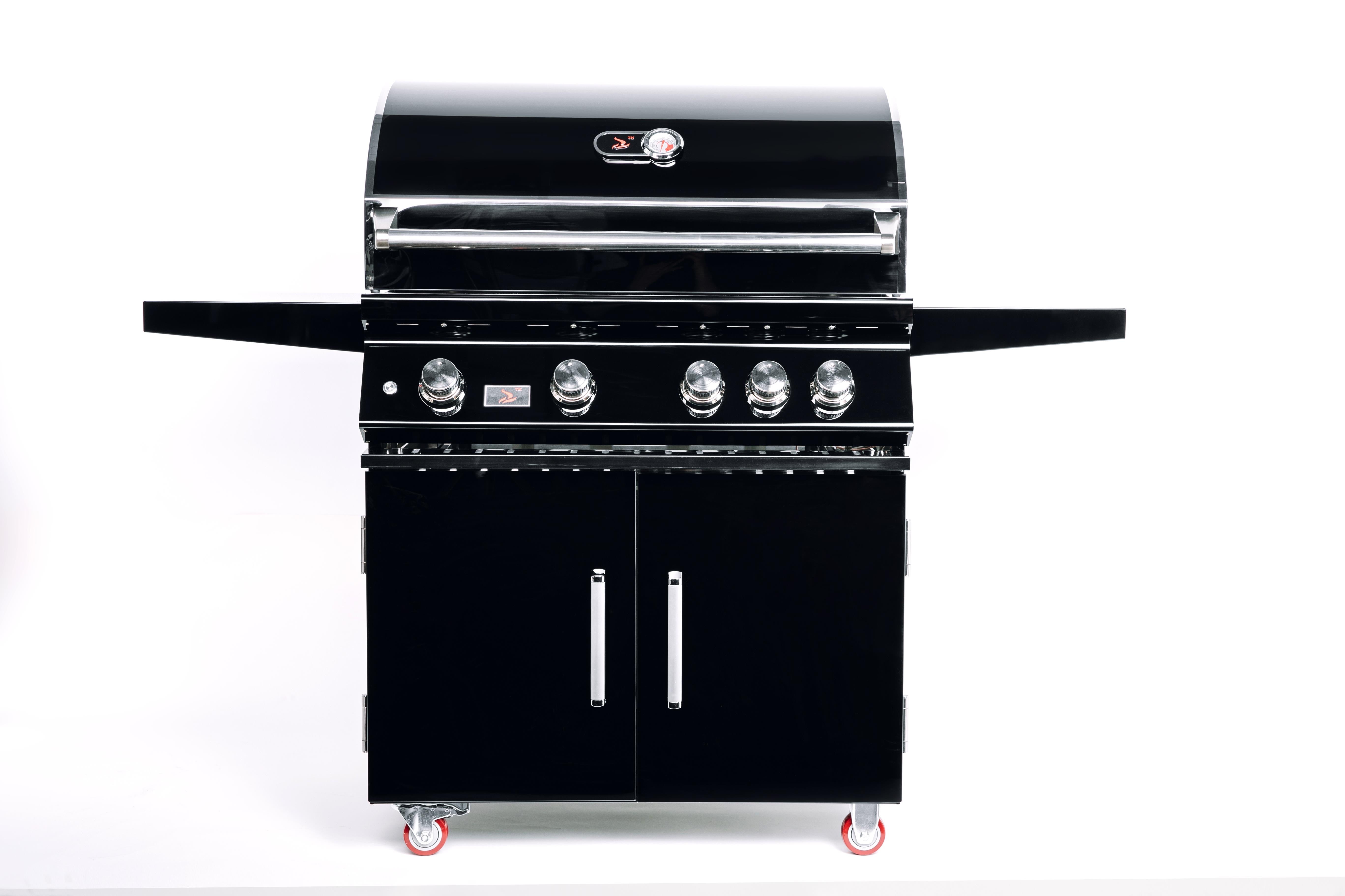 Bonfire Black Elite Whistler 4 Burner Grill 32" showcasing premium stainless steel design and powerful 72,000 BTU output for outdoor grilling enthusiasts.