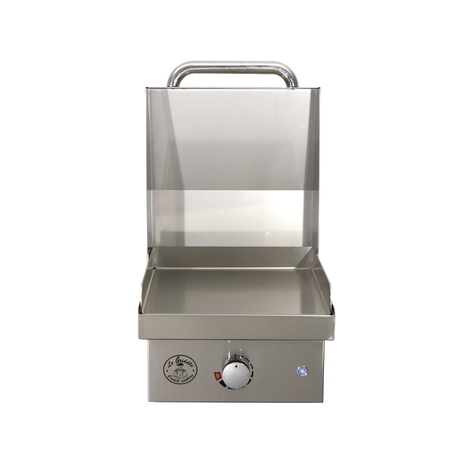 Le Griddle Wee Electric Griddle 16" with Lid in stainless steel showing its cooking surface, ideal for indoor and outdoor use.