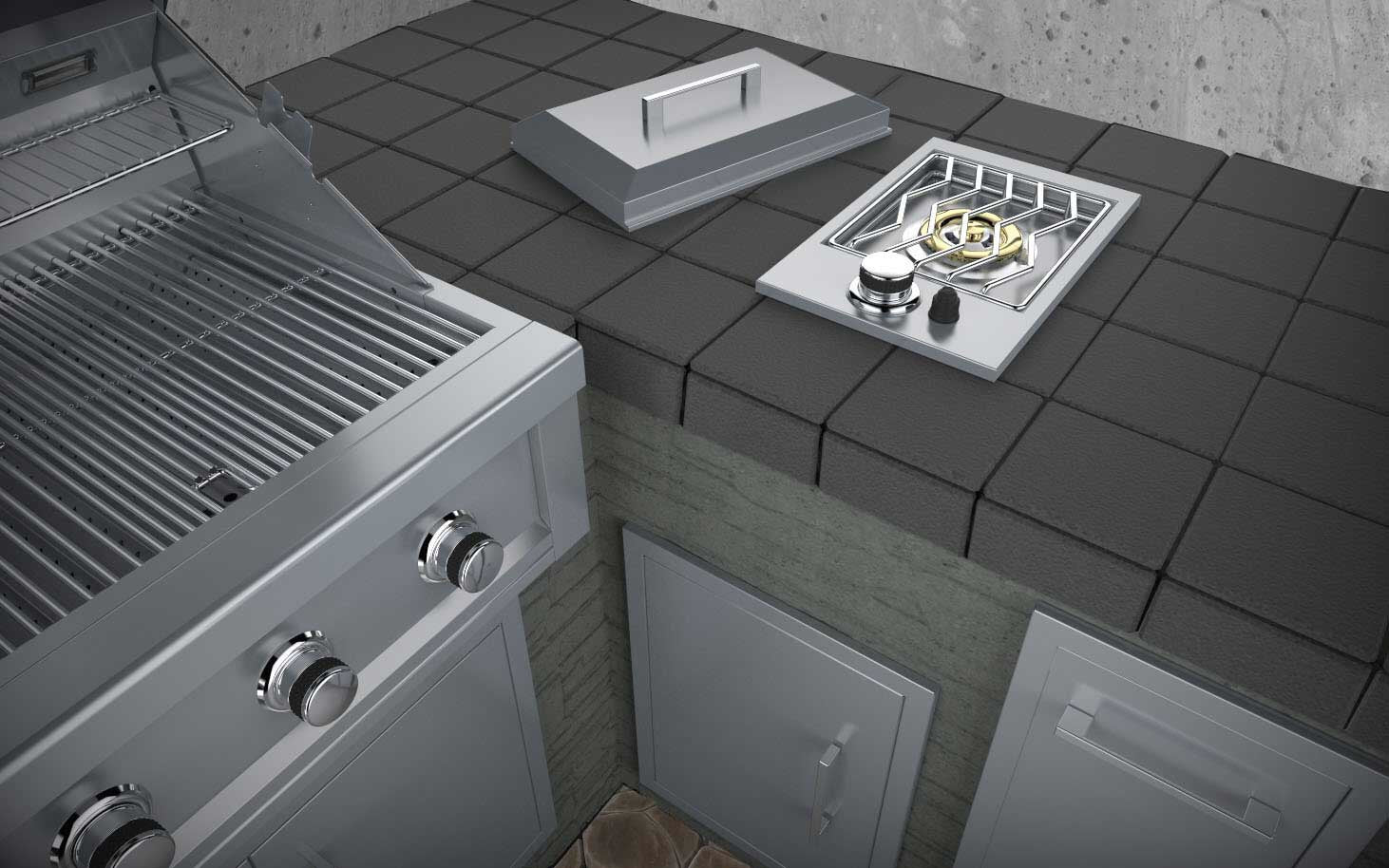 Sunstone Drop-In Single Burner installed in an outdoor kitchen, showcasing its size and performance.