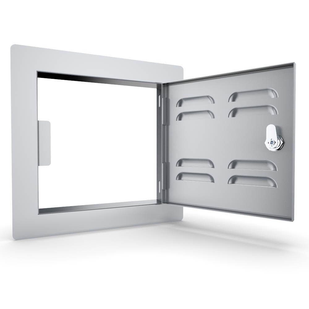 Open view of Sunstone Classic Style Flush Series 12" Single Door Vented, revealing its interior for appliance access and safety ventilation.