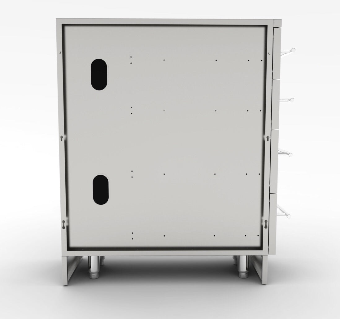 Interior view of Sunstone 12" 4 Multi-Drawer Base Cabinet, featuring soft-close drawers ideal for BBQ tools and utensils.