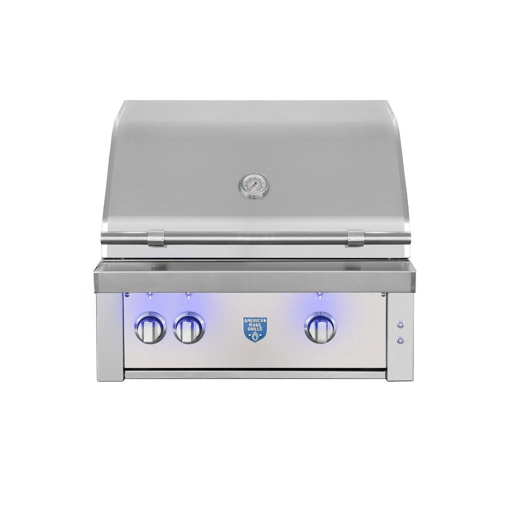American Made Grills Estate 30” Built-In Gas Grill featuring a double-lined hood and LED knob lighting for high-performance grilling.