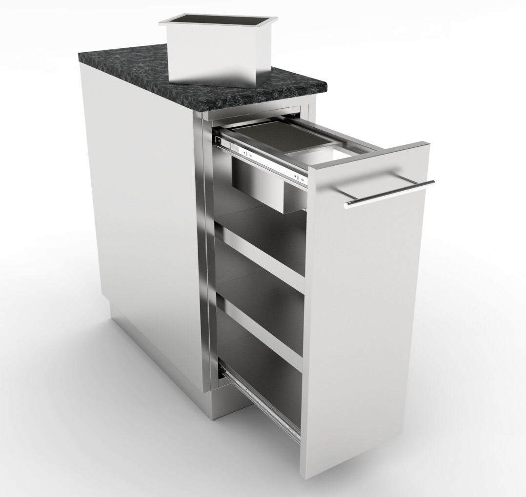 Sunstone 12" Spice Rack Drawer w/Two Removable Bins in an outdoor kitchen setup, highlighting its versatility and easy installation features.