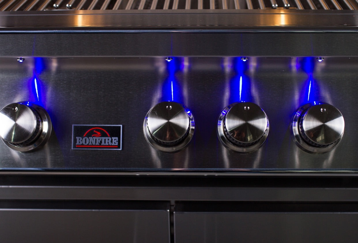 BONFIRE Prime 500 42" 5 Burner Built-In Grill showcasing its stainless steel design and blue LED control panel. Perfect for outdoor grilling enthusiasts.