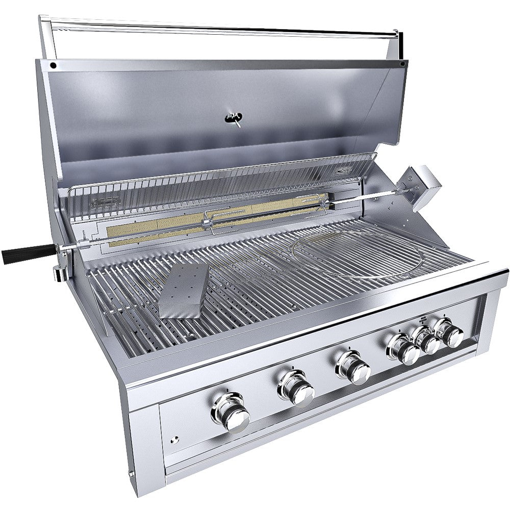 Close-up of the Sunstone Ruby 42" 5 Burner Built-In Grill features including cooking grids and control panel with LED lights.