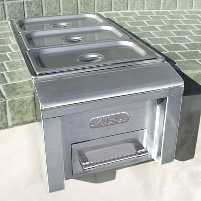 Alfresco 14-inch Built-In Food Warmer showcasing its sleek design and stainless steel features, perfect for keeping meals hot and ready for serving.