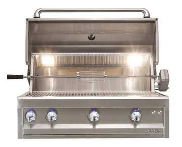 Artisan Professional 36" Built-In Grill from Alfresco showcasing its three stainless steel burners and advanced features.