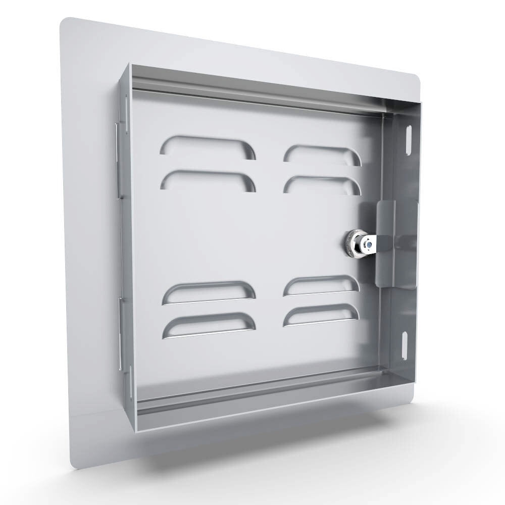 Sunstone Classic Style Flush Series 12" Single Door Vented installed in an outdoor kitchen, demonstrating its design and functionality for air circulation.