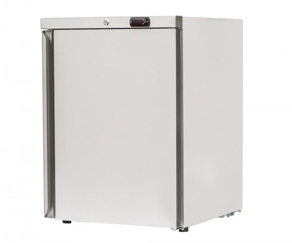 RCS 24 inch UL rated refrigerator showing stainless steel construction, LED adjustable thermostat, and storage options, perfect for outdoor kitchens.