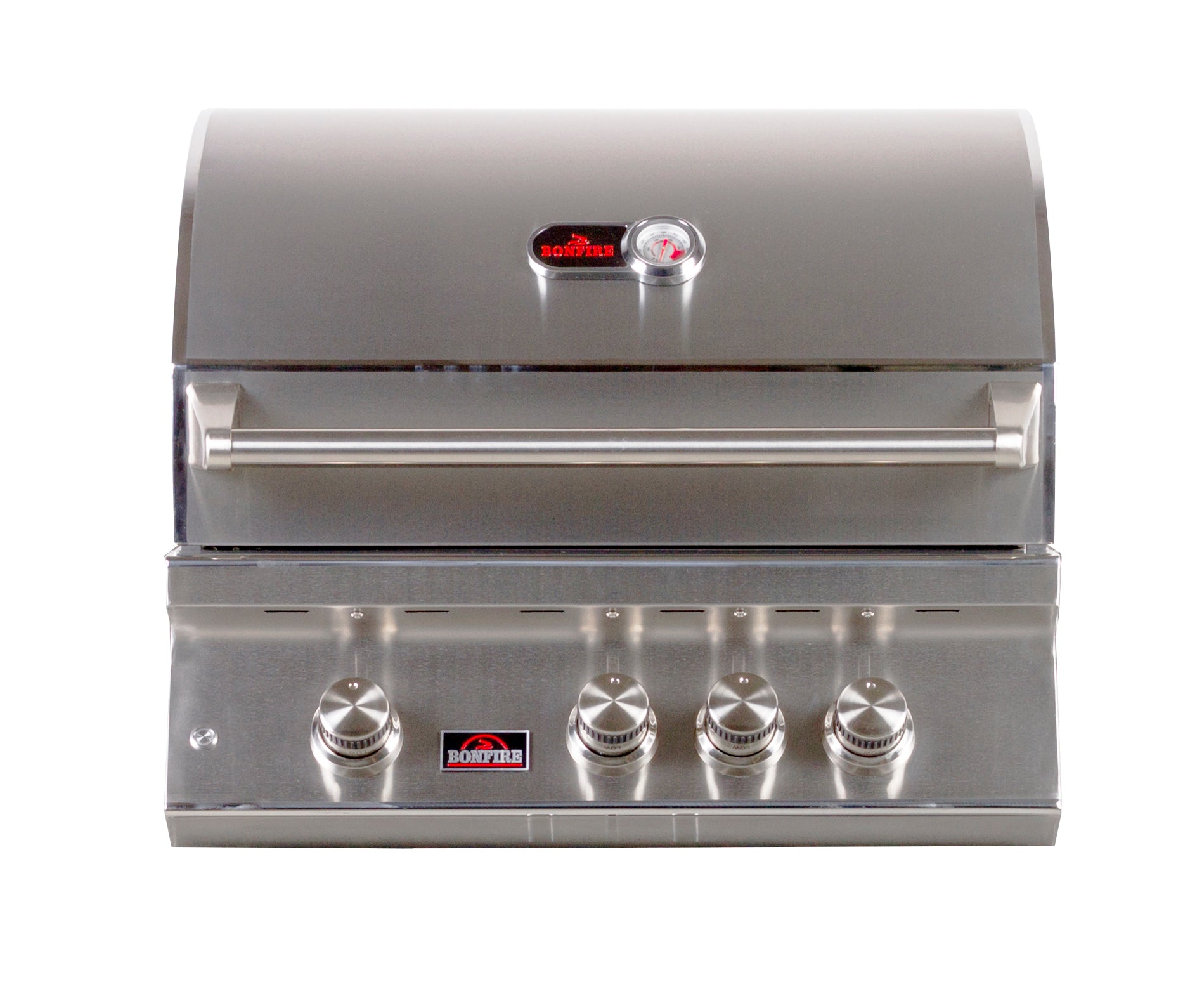 Bonfire Whistler 3 Built-in Grill 28" showcasing sleek 304 stainless steel design with three burners and LED-lit controls.