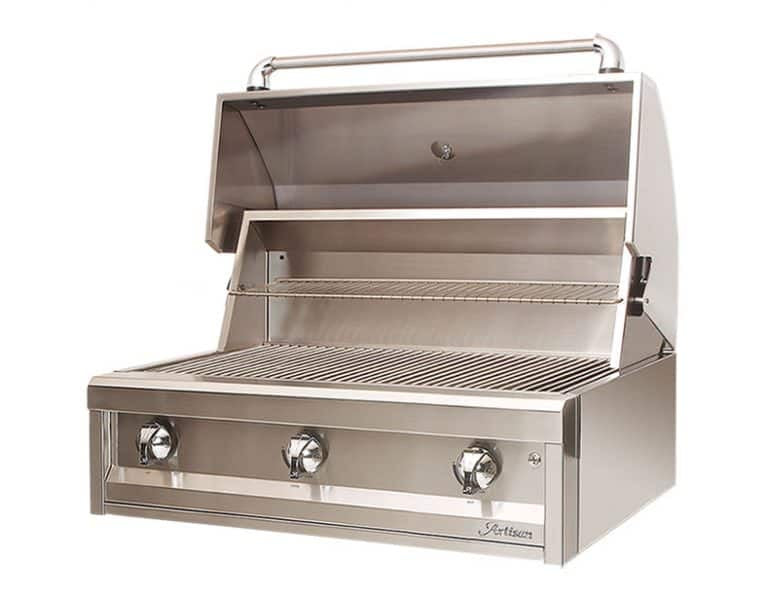 Artisan American Eagle 36-Inch 3-Burner Built-In Natural Gas Grill AAEP-36-NG showcasing the seamless welded hood and stainless steel burners.